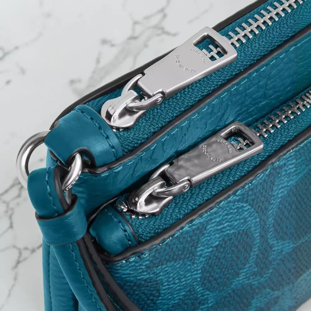 Coach NWT Double Zip Wallet Signature Canvas CX161 Silver Aquamarine Teal Blue